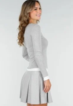 Grijze Longsleeve Top met Witte Boorden aan Hals en Mouwen