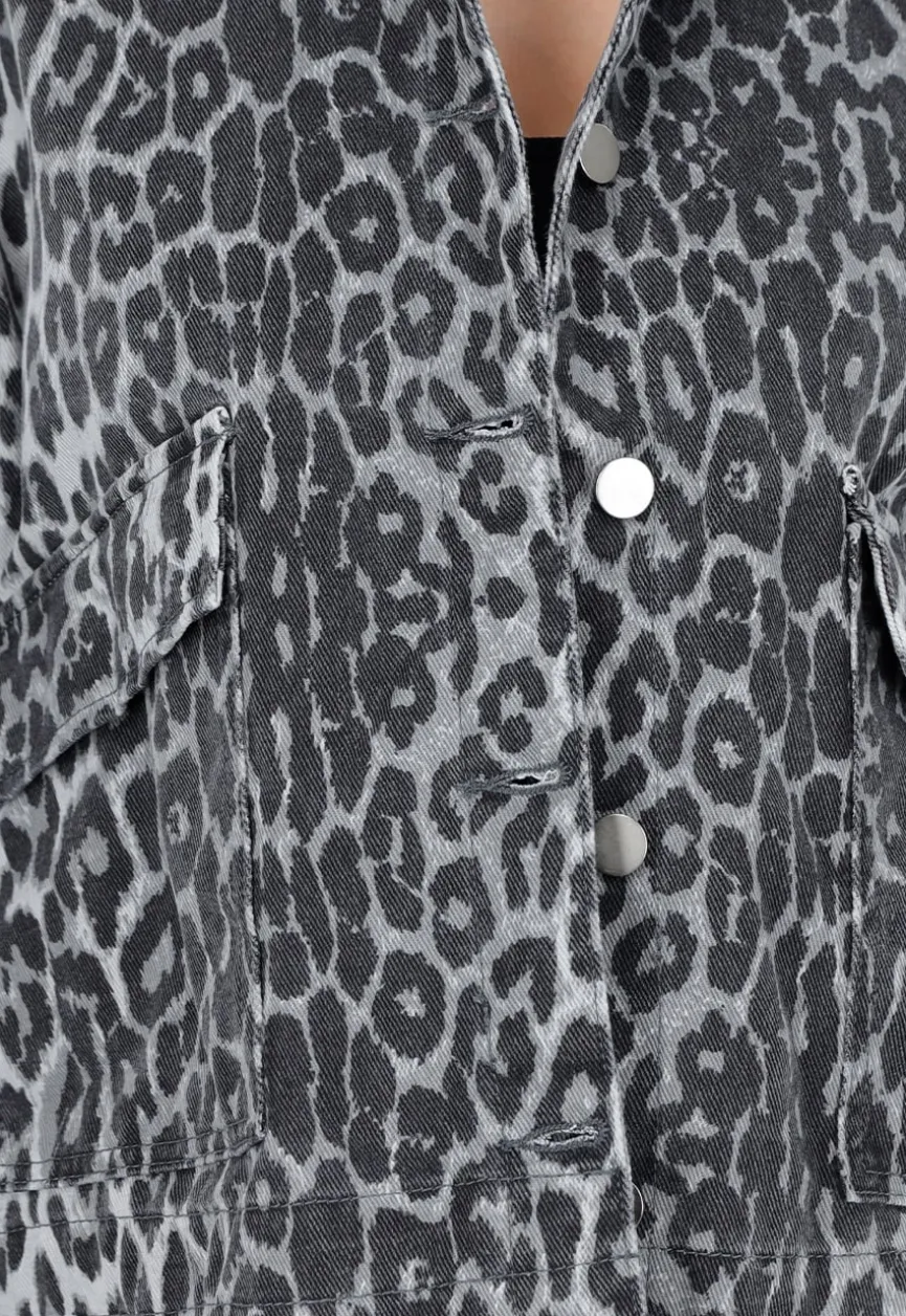 Grijze Luipaardprint Denim Jas met Klepzakken, Trekkoord en Knoopsluiting