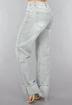 Grijze Mid Waist Omgeslagen Straight Leg Jeans