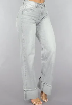 Grijze Mid Waist Omgeslagen Straight Leg Jeans