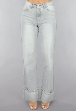 Grijze Mid Waist Omgeslagen Straight Leg Jeans