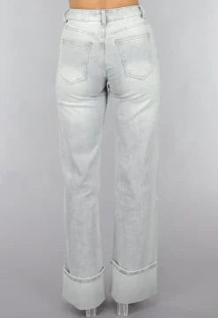 Grijze Mid Waist Omgeslagen Straight Leg Jeans