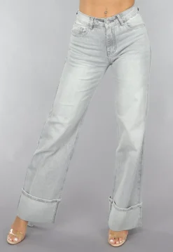 Grijze Mid Waist Omgeslagen Straight Leg Jeans