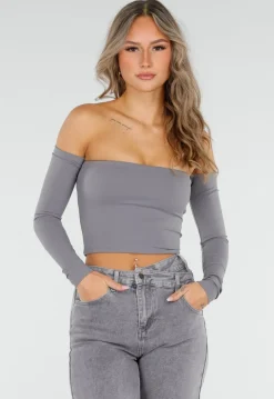 Grijze Off Shoulder Crop Top met Lange Mouwen