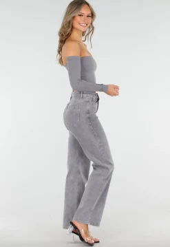 Grijze Off Shoulder Crop Top met Lange Mouwen