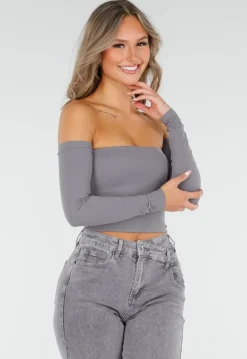 Grijze Off Shoulder Crop Top met Lange Mouwen