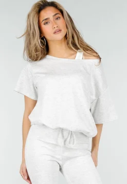 Grijze One Shoulder Top met Ingewerkte Top en Stretch