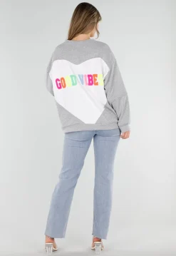 Grijze Oversized Sweater met Good Vibes Print