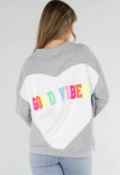 Grijze Oversized Sweater met Good Vibes Print