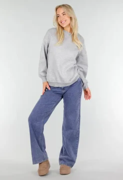 Grijze Oversized Sweater met Ronde Hals en Lange Mouwen