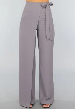 Grijze Pantalon met Wijde Pijpen en Strikdetail