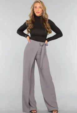 Grijze Pantalon met Wijde Pijpen en Strikdetail