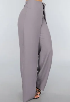 Grijze Pantalon met Wijde Pijpen en Strikdetail