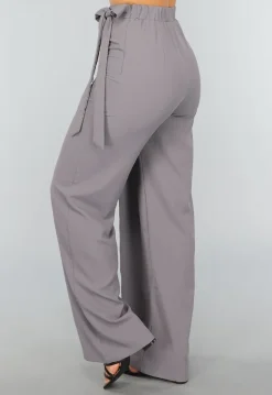 Grijze Pantalon met Wijde Pijpen en Strikdetail