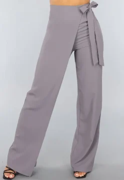 Grijze Pantalon met Wijde Pijpen en Strikdetail