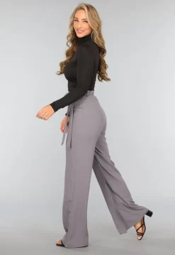 Grijze Pantalon met Wijde Pijpen en Strikdetail