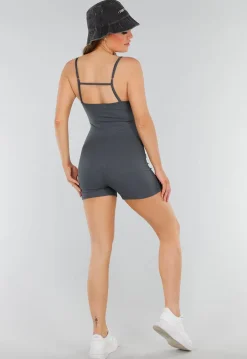 Grijze Playsuit met Ribstructuur, Stretch en Rechte Hals