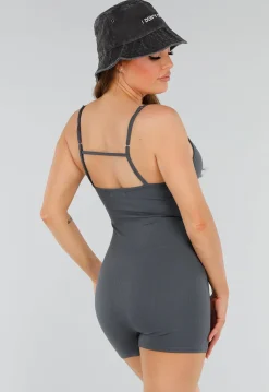 Grijze Playsuit met Ribstructuur, Stretch en Rechte Hals