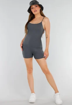Grijze Playsuit met Ribstructuur, Stretch en Rechte Hals