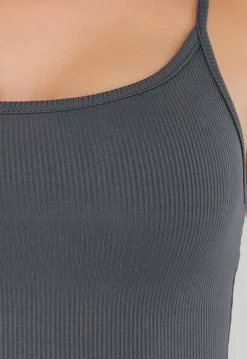 Grijze Playsuit met Ribstructuur, Stretch en Rechte Hals