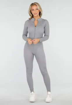 Grijze Rib Jumpsuit Met Lange Mouwen en Ritssluiting