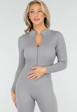 Grijze Rib Jumpsuit Met Lange Mouwen en Ritssluiting