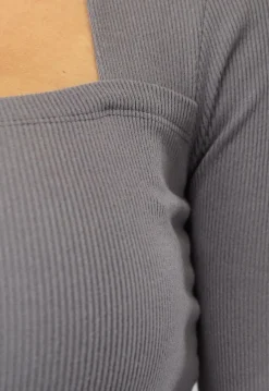 Grijze Rib Top met Lange Mouwen en Rits