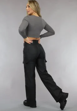 Grijze Rib Top met Lange Mouwen en Rits