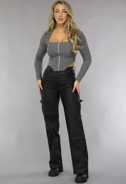 Grijze Rib Top met Lange Mouwen en Rits