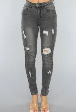 Grijze Ripped Skinny Jeans met Rib Detail