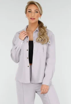 Grijze Set met Blouse en Straight Leg Broek met Gouden Knopen