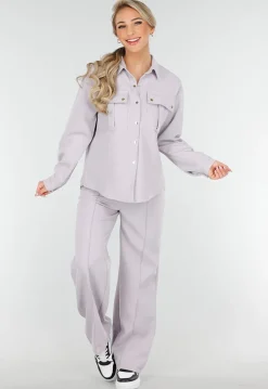 Grijze Set met Blouse en Straight Leg Broek met Gouden Knopen