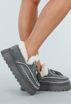 Grijze Sherpa Mocassin met Dikke Zool en Kwastjes