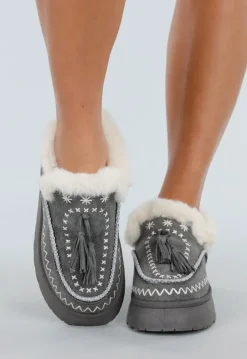 Grijze Sherpa Mocassin met Dikke Zool en Kwastjes