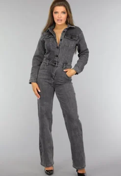Grijze Straight Leg Denim Jumpsuit