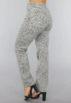 Grijze Straight Leg Hartjes Jeans met Hoge Taille