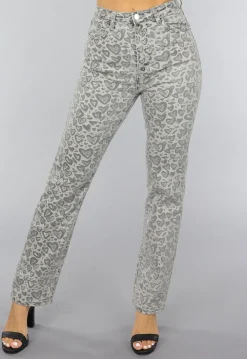 Grijze Straight Leg Hartjes Jeans met Hoge Taille