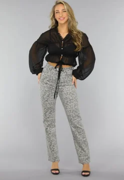 Grijze Straight Leg Hartjes Jeans met Hoge Taille