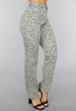 Grijze Straight Leg Hartjes Jeans met Hoge Taille
