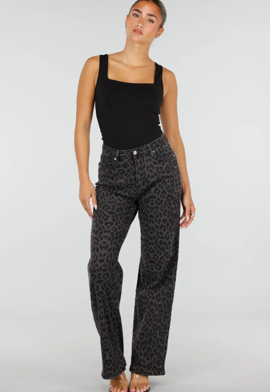 Grijze Straight Leg Jeans met Panterprint en Lichte Stretch