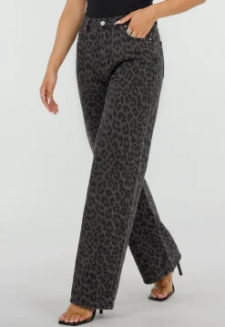 Grijze Straight Leg Jeans met Panterprint en Lichte Stretch