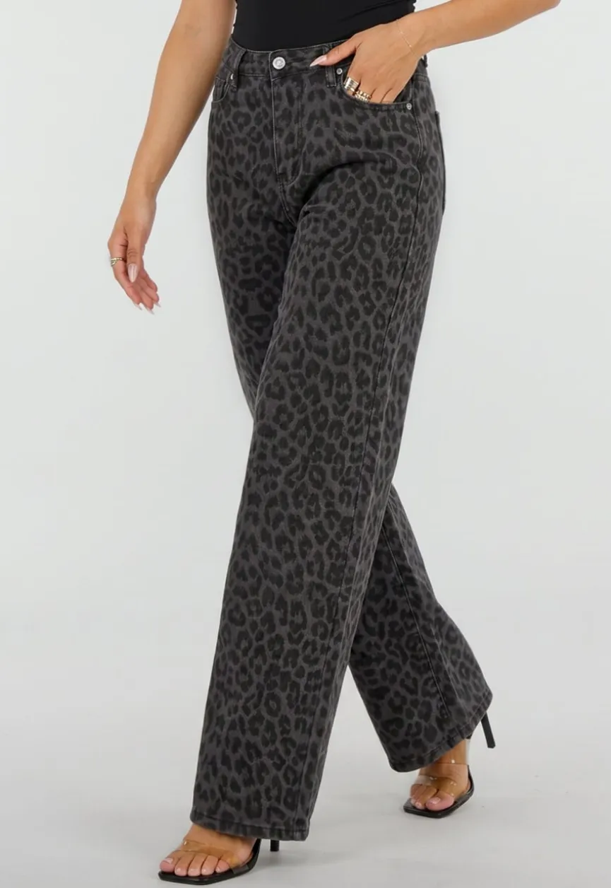 Grijze Straight Leg Jeans met Panterprint en Lichte Stretch
