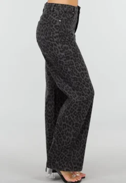 Grijze Straight Leg Jeans met Panterprint en Lichte Stretch