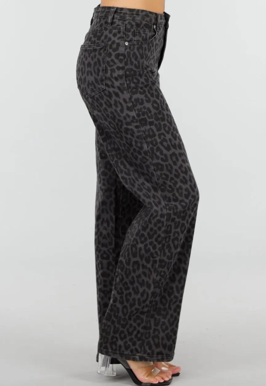 Grijze Straight Leg Jeans met Panterprint en Lichte Stretch
