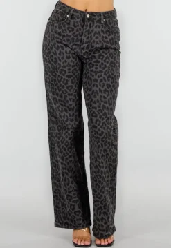 Grijze Straight Leg Jeans met Panterprint en Lichte Stretch