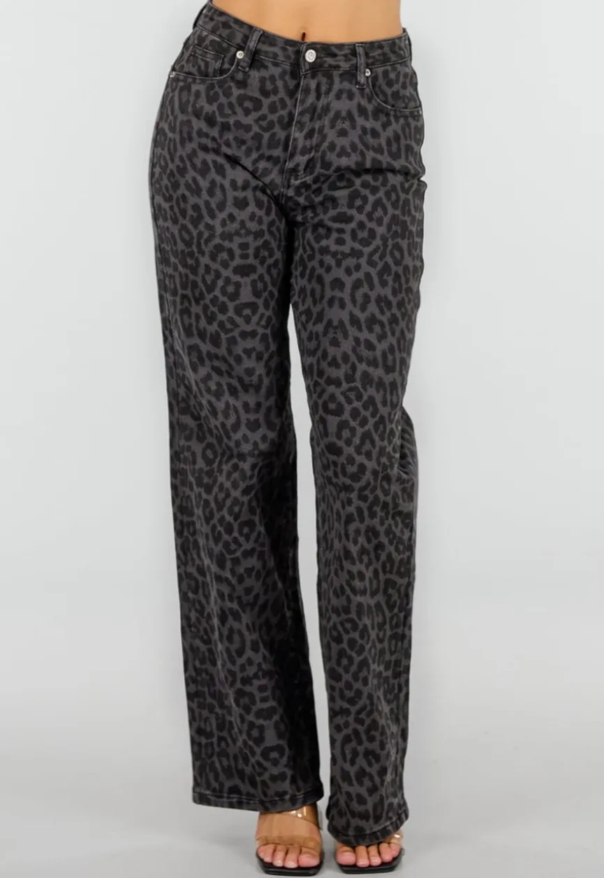 Grijze Straight Leg Jeans met Panterprint en Lichte Stretch