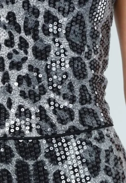 Grijze Strapless Bandeau Pailletten Top met Panterprint en Stretch