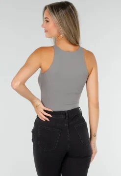 Grijze Stretch Bodysuit met Hoge Hals en String Achterkant