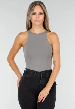 Grijze Stretch Bodysuit met Hoge Hals en String Achterkant