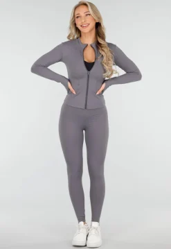 Grijze Stretch Sportset met Strakke Legging en Vestje